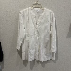 Chicos Womens White Embroidered Tunic Top Size 2 Large Boho Cotton